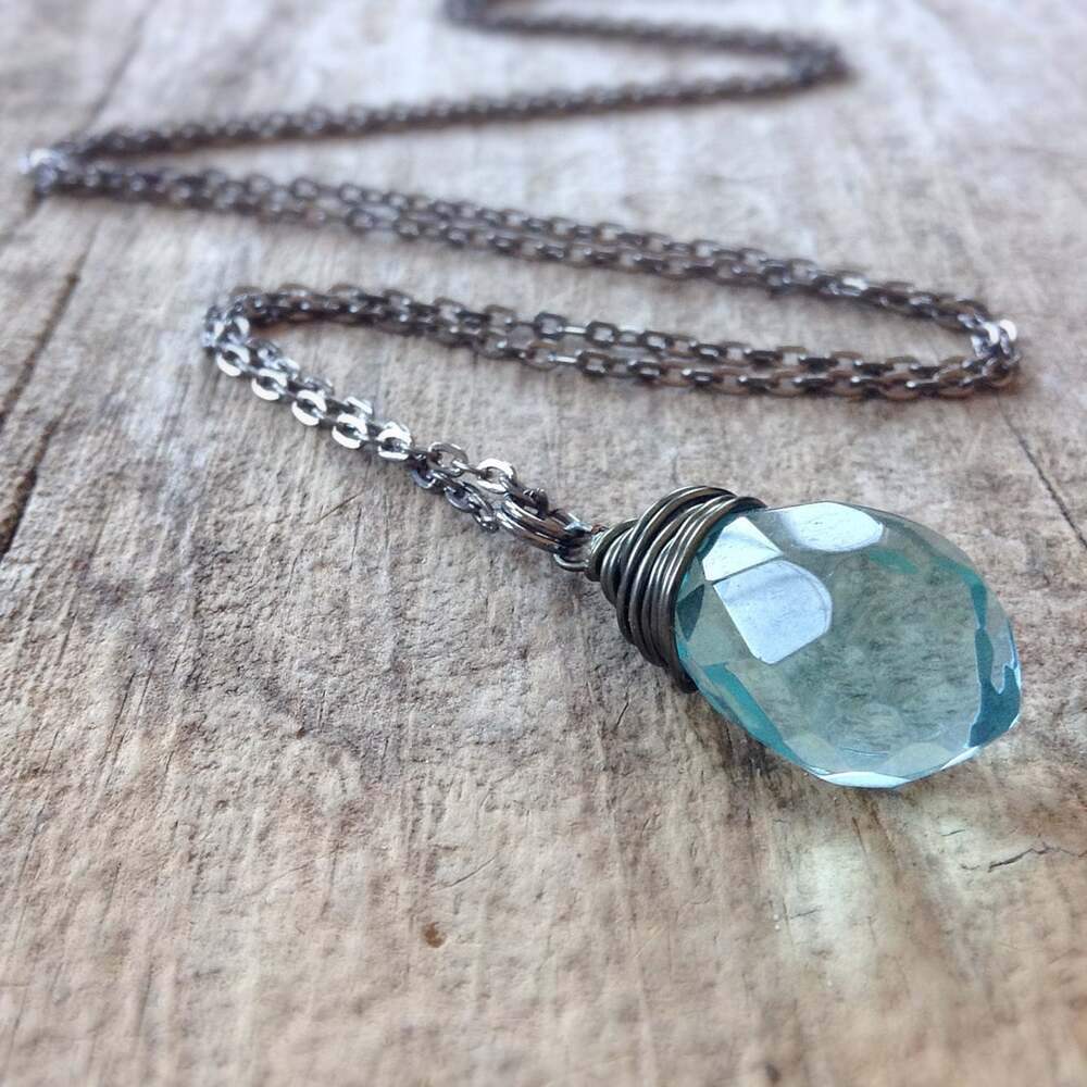 Aquamarine Blue March Birthstone Necklace WireWrap Faceted Glass Teardrop Charm